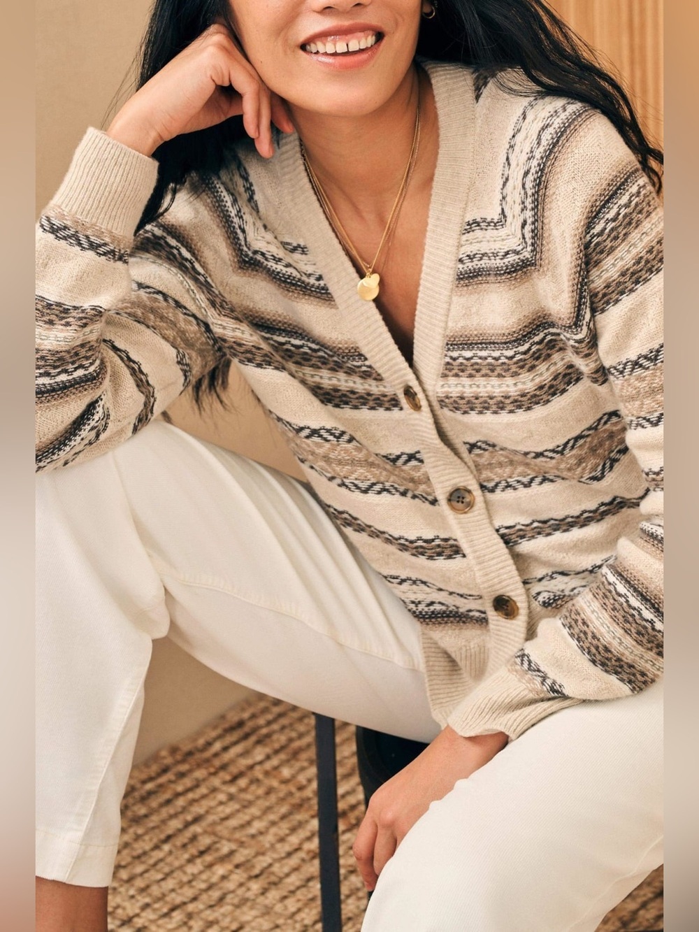 Faherty Highland Fair Isle Cardigan Sweater Boxy V-Neck Printed Pattern